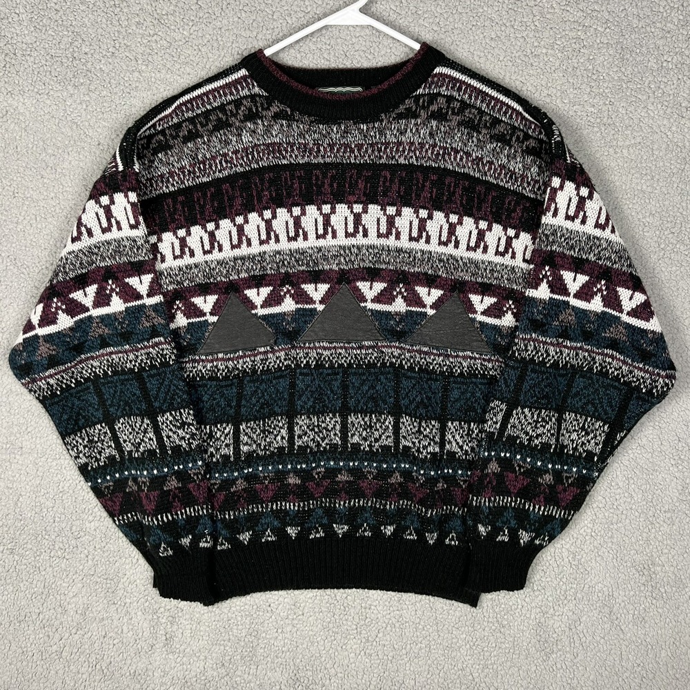VTG Campus Acrylic Sweater‎ Mens Large Tall LT w/ Leather Trim Geometric Pattern